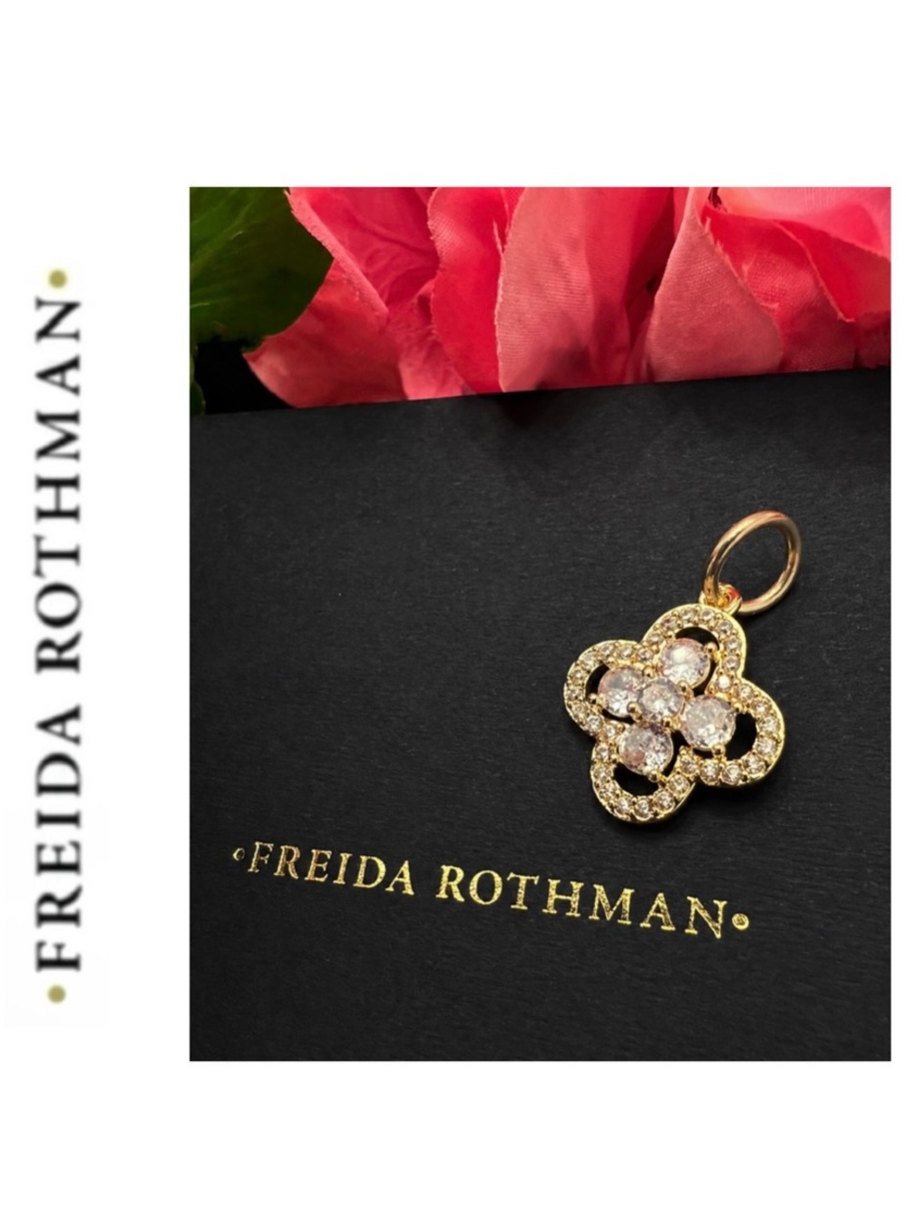 Freida Rothman Vault Brass Based Gold Tone and Crystal Clover Pendant